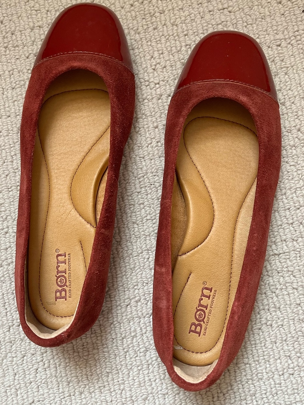 Born Red/Burgundy Suede & Patent Cap-Toe Ballet Flats, Size 7